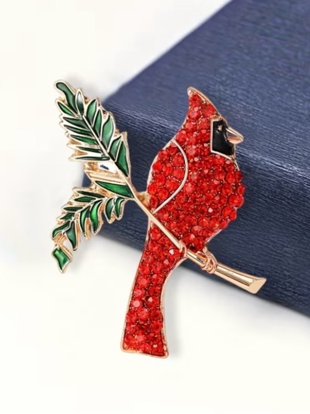 Red Cardinal Crystal Brooch with Green Leaf Accent